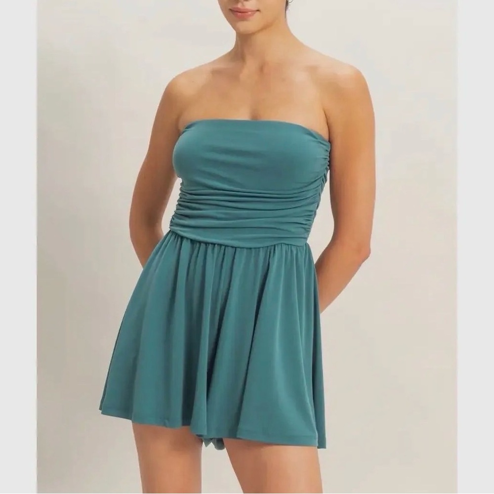 Strapless Shirred Waist Romper - Dark Teal